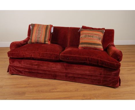 A 20TH CENTURY RED VELOUR UPHOLSTERED DEEP SEAT SOFA (5)194cm wide; 95cm deep, together with four cushionsCondition report:&n