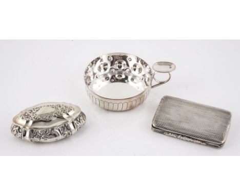 A SILVER TRINKET BOX AND TWO FURTHER ITEMS (3)The trinket box of shaped oval form, with embossed decoration, Birmingham 1901,