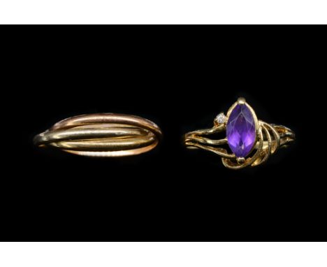 TWO GOLD RINGS (2)Comprising; a gold three colour triple band Russian style wedding ring, detailed K 18, ring size O, weight 