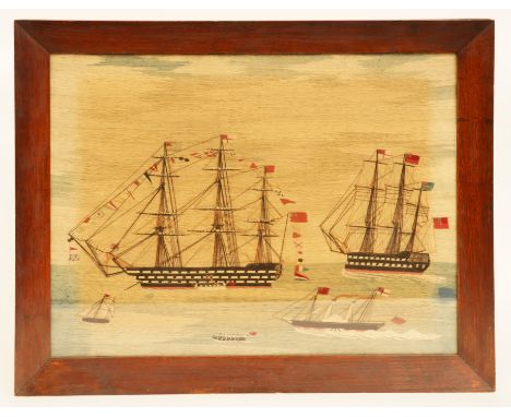 A VICTORIAN SAILOR’S WOOLWORK PICTURE OF A REGATTACirca 1860Worked in coloured thread, depicting two three-masted British Nav