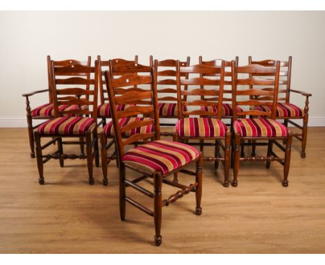 A SET OF TEN 18TH CENTURY STYLE ASH AND OAK LADDER BACK DINING CHAIRS (10)Including a pair of carvers