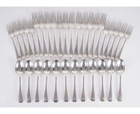 A GROUP OF SILVER OLD ENGLISH PATTERN TABLE FLATWARE (34)Comprising; twelve table forks, twelve dessert spoons and ten desser