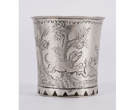 A NORTH EUROPEAN BEAKEROf tapered cylindrical form,decorated with a boar hunting scene with dogs, gilt within, the foot pierc