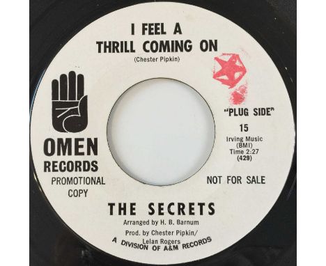 THE SECRETS - I FEEL A THRILL COMING ON 7" (US PROMO - OMEN RECORDS 15). A favourite on the Wigan scene, this harmonica-led n