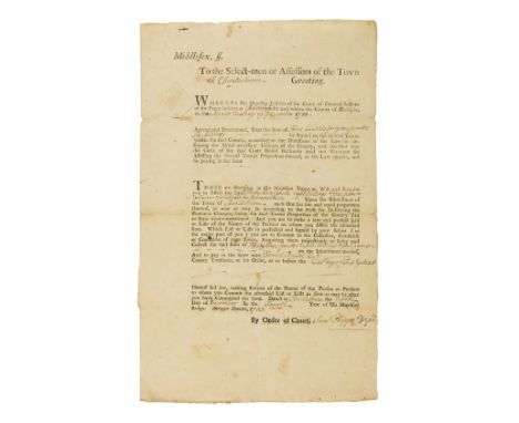 America.- Massachusetts.- To the Select-men or Assessors of the Town of Charlestown [ms. insertion] Greeting..., broadside, 3
