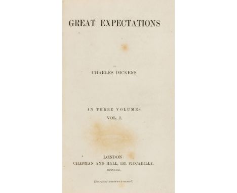 Dickens (Charles) Great Expectations, 3 vol., first edition, [second impression], without half-titles or advertisements, edit