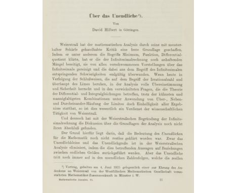 Hilbert (David) Über das Unendliche, offprint from Mathematische Annalen 95. Bd., 2 Heft., first edition, bound together with