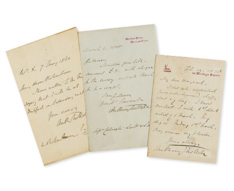 Trollope (Anthony, author, 1815-1882) 3 Autograph Letters signed, together 3pp., 8vo, 7th Jan. 1860 - 19th Feb. 1876, sending