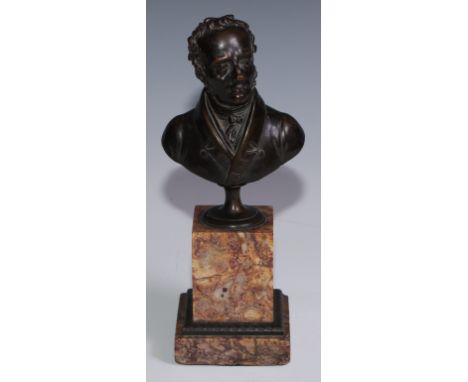 French School (19th century), a brown patinated bronze library bust, of a gentleman, marble pedestal base, 25cm high 