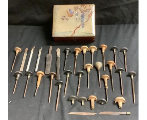 Carpentry - a selection of craftsman's fine detailing tools, chisels, scalpel, turned wooden knop handles, steel blades, in a