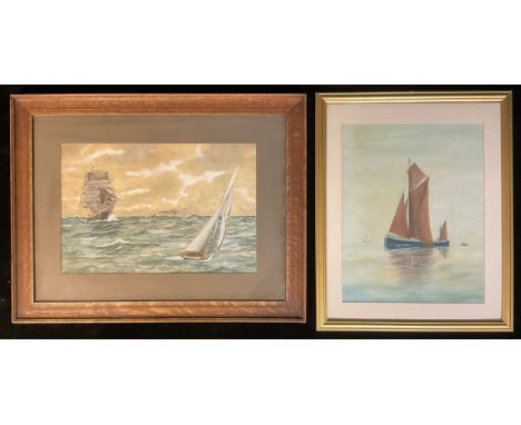 Garth Cleaver, Thames Barges, signed, oil on board, 40cm x 31cm; another, R Calcott, Sail and Steam, signed, watercolour (2) 
