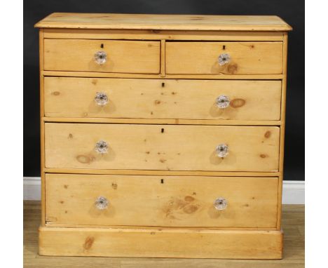 A Victorian pine chest, of two short and three long graduated drawers, plinth base, 99cm high, 105cm wide, 50cm deep 