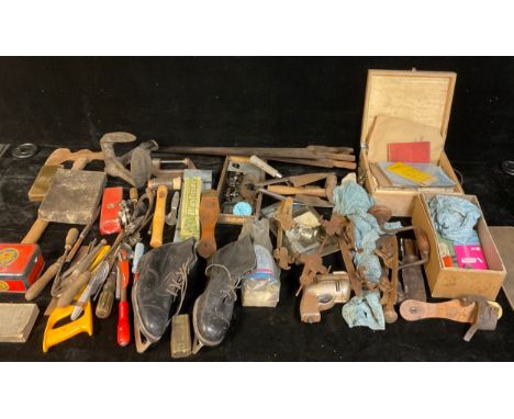 Tools - hand saws, carpentry and other tools; a cast iron shoe last; clamps; primus type stove; chisels; engineer's steel too