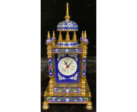 A French style brass and champlevé enamel architectural mantel clock, white dial with Arabic and Roman numerals, lever escape