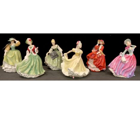 A Royal Doulton figure, Pretty Ladies, Buttercup; others, Autumn Breeze, Ninette, Top O' The Hill, Fair Lady and Christmas Da