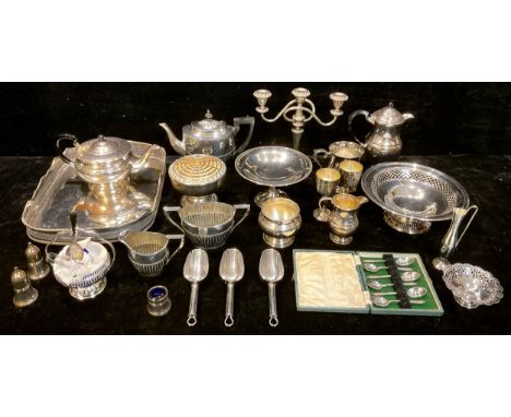 Plated Ware - a Walker &amp; Hall three piece tea service; a five piece tea service; candelabrum; flatware; gallery tray; etc