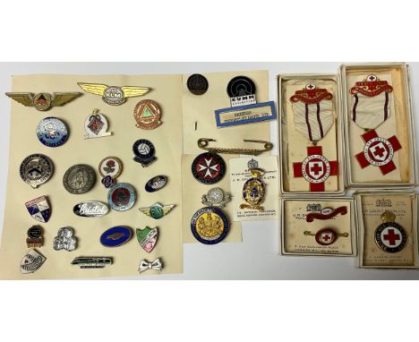 A collection of enamel badges including Red Cross medals and badges; etc, qty 