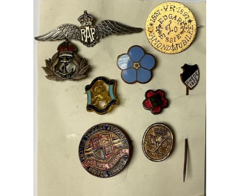 An RAF Sweetheart brooch; another, Navy; various enamel pin badges, etc (9) 