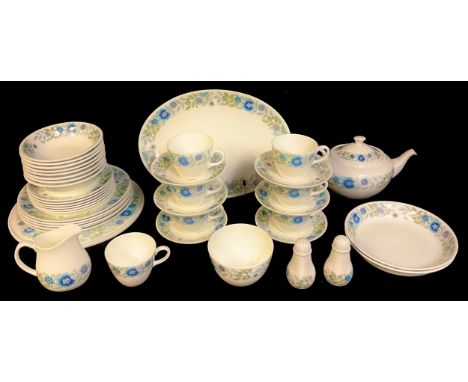 A Wedgwood Clementine pattern tea and dessert service for six comprising dessert plates, dessert bowls, cake stand, teapot, c