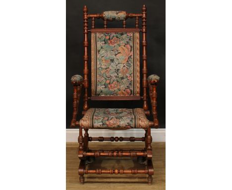 A late 19th century American design spring rocking chair, ring-turned throughout, 124cm high, 63cm wide, the seat 45cm wide a