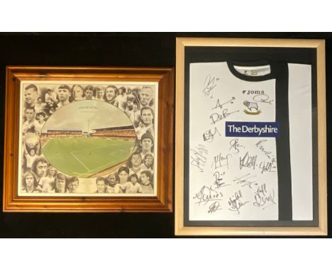 Football - Derby County Football Club, a signed shirt, 2006/07 season, framed; a framed print of the Baseball Ground and prev