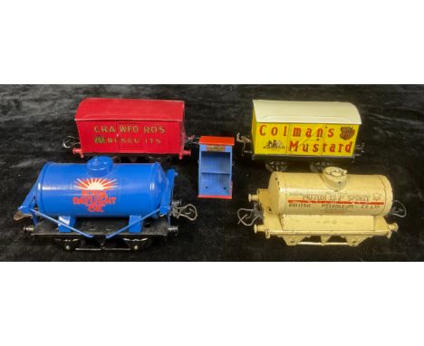 Toys &amp; Juvenalia - a collection of Hornby O Gauge tinplate rolling stock including a Hornby Series Motor BP Spirit petrol