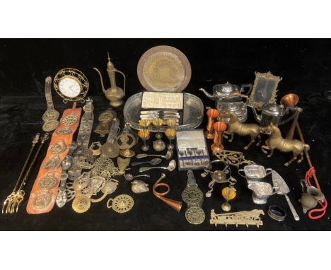 Plated and Metalware - a Victorian plated spirit kettle; a plated four piece tea service; a gallery tray; a pair of brass fir