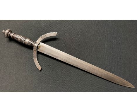 Dagger with double edged blade 265mm in length, large curved crossguard, steel grip with concentric rings, large pommel. Over