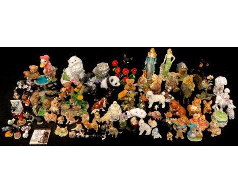 A Pendelfin rabbit, others; resin and ceramic novelty animal models, cats, dogs, birds, apes, etc; pair of resin figures, qty