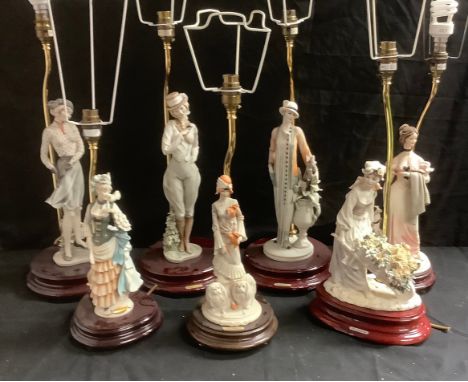 An Italian resin Giuseppe Armani figural lamp base, as a 1920s lady of fashion, wooden base; six others similar, the tallest 