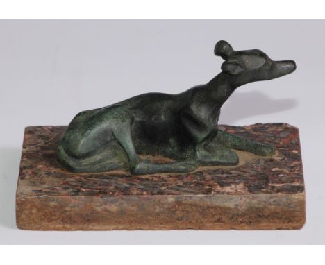 French School (19th century), a verdigris patinated bronze, of a recumbent greyhound, rectangular marble base, 15cm wide 