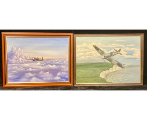 B**Potts. Spitfire low level over white cliffs, signed, oil on canvas; M**Thomas, Spitfire above clouds, signed oil on canvas
