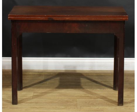 A ‘George III’ mahogany card table, later hinged top enclosing a baize lined playing surface, internally chamfered square leg