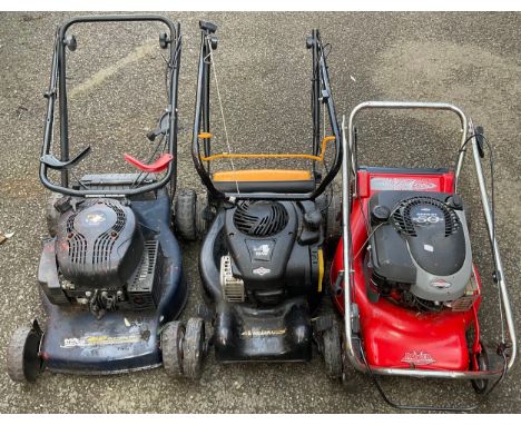 A Rover mulch’n catch with briggs and Stratton quantum xts 50 engine petrol lawnmower, another similar, and a Mac allister rv