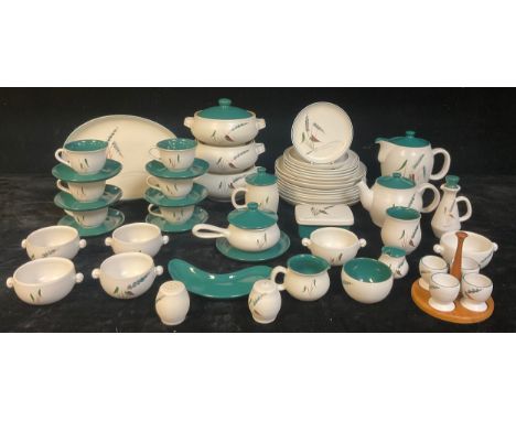 A Denby Greenwheat pattern part dinner and tea service comprising vegetable dishes, teapot, coffee pot, dinner plates, desser