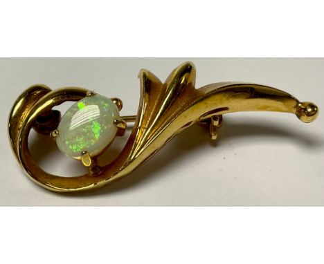 A gold brooch, set with a single polished opal cabochon, marks rubbed/indistinct, 3.97g 