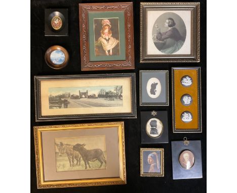 A set of three Wedgwood black Jasperware roundels, mounted as one; reproduction silhouettes and portrait miniatures; other pr