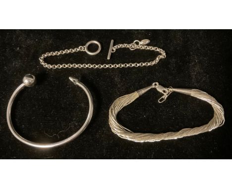 A Pandora silver bangle, signed and marked twice ALE 925S, boxed;  other silver bracelets (3) 
