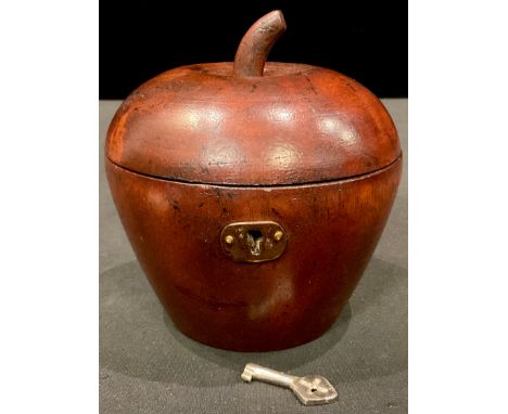 A contemporary wooden apple tea caddy, with hinged lid and key, 11.5cm high 