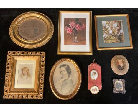 Interior Furnishings - a collection of pictures and prints, some in gilt frames including a two portrait miniatures, a miniat