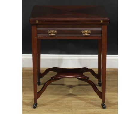 A late Victorian mahogany envelope card table, drawer to frieze stamped Gillows Lancaster, 65.5cm high, 55.5cm square 