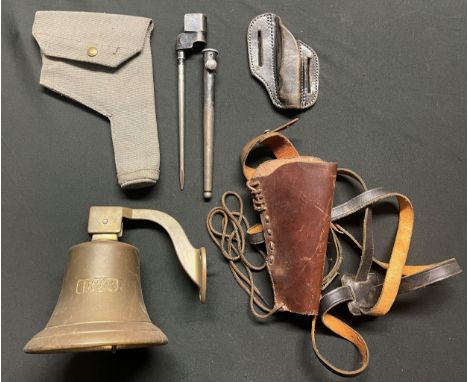 An RAF 1937 pattern Web pistol holster dated 1951, a brown leather open top pistol holster; a WW2 British No4 Spike bayonet a