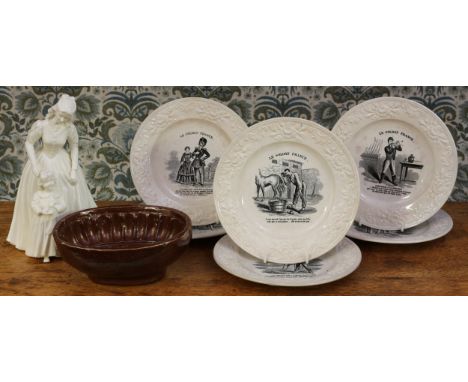 A set of six late 19th century French 'creamware' plates, Le Soldat France, each transfer printed with various scenes and ver