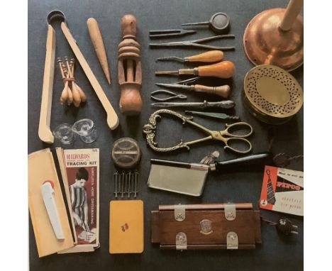 Social and Domestic History - kitchenalia and other household implements, including, glass cream maker, egg poacher, grape sh