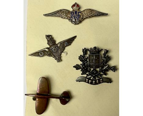 An RAF silver and enamel badge; OCA parachute badge; Spitfire badge; Ypres badge (4) 