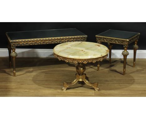 An onyx and metal low tripod occasional table, 45cm high, 60cm diameter; a coffee table, 47cm high, 95cm long, 46.5cm wide; a