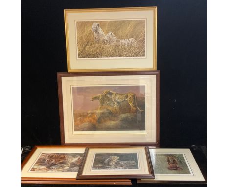 Prints - wildlife interest, including Dick Van Heerde, Cheetahs on Alert, signed limited edition, 50cm x 80cm; Alan M Hunt, W