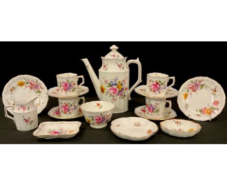 A Royal Crown Derby Blue Line Posie pattern coffee set, comprising coffee pot, cream jug and sugar bowl, four coffee cans and