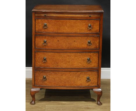 A Queen Anne style walnut veneer chest, slightly oversailing top above a slide and four long drawers, cabriole legs, pad feet
