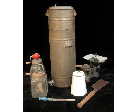 Kitchenalia - a floor standing honey ripener with cover; a cream/butter churn; another; a set of kitchen balance scales with 